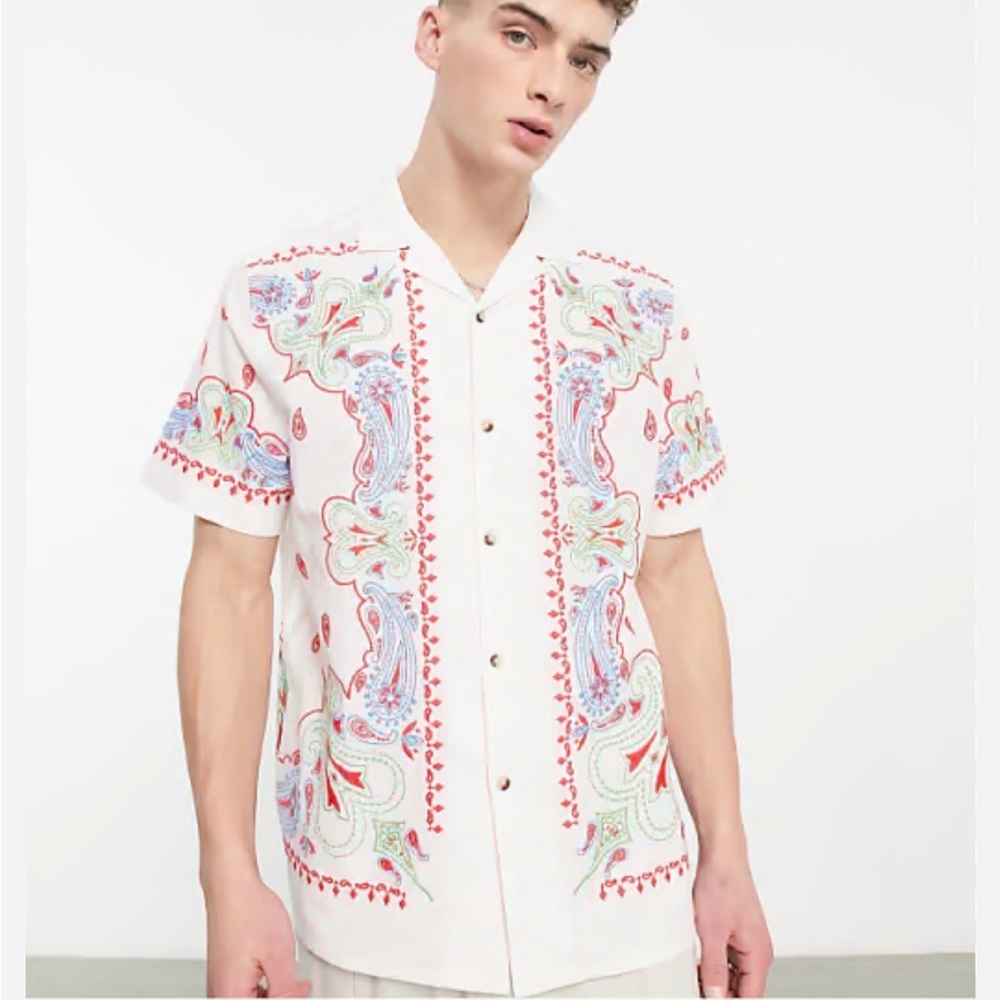 ASOS DESIGN relaxed
revere linen mix shirt bandana embroidered sz m